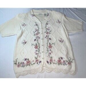 Vintage Yarnworks Sweater Womens Size Medium Pink Purple Knit Floral Embroidery